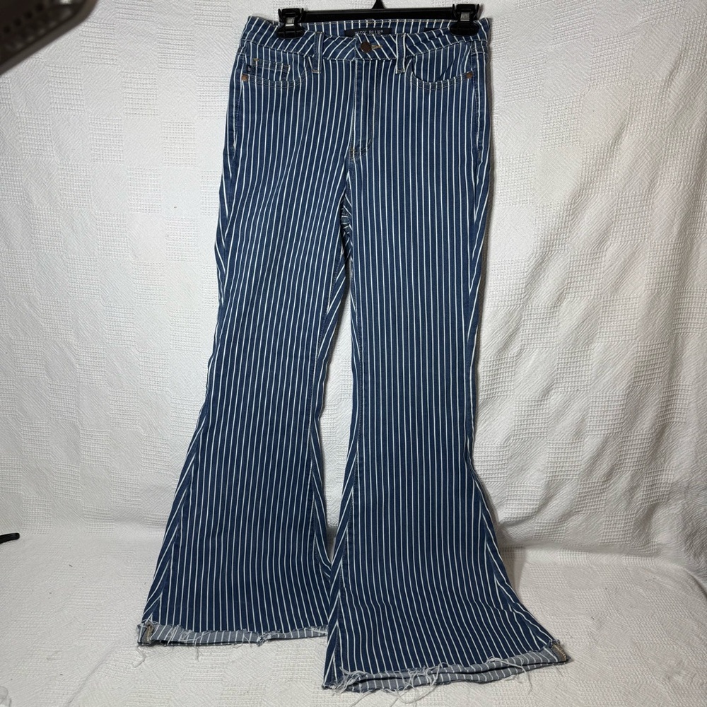 Judy Blue Super Flare Fit Jeans 3/26 Blue White Striped Denim High Rise Raw Hem